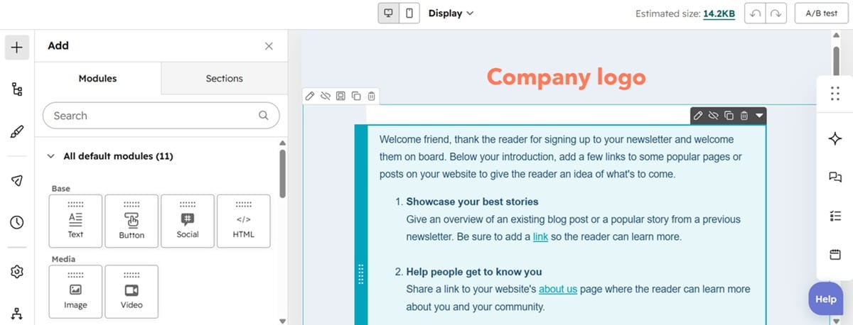 HubSpot email marketing drag-and-drop editor showing layout modules and content tools.
